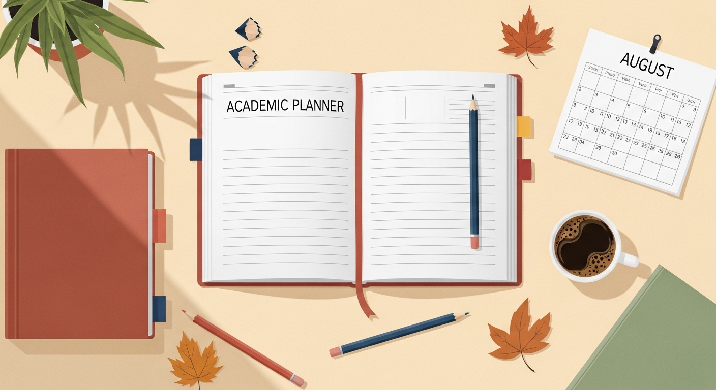 An open academic planner on a warm wooden desk with sharpened pencils and autumn leaves.