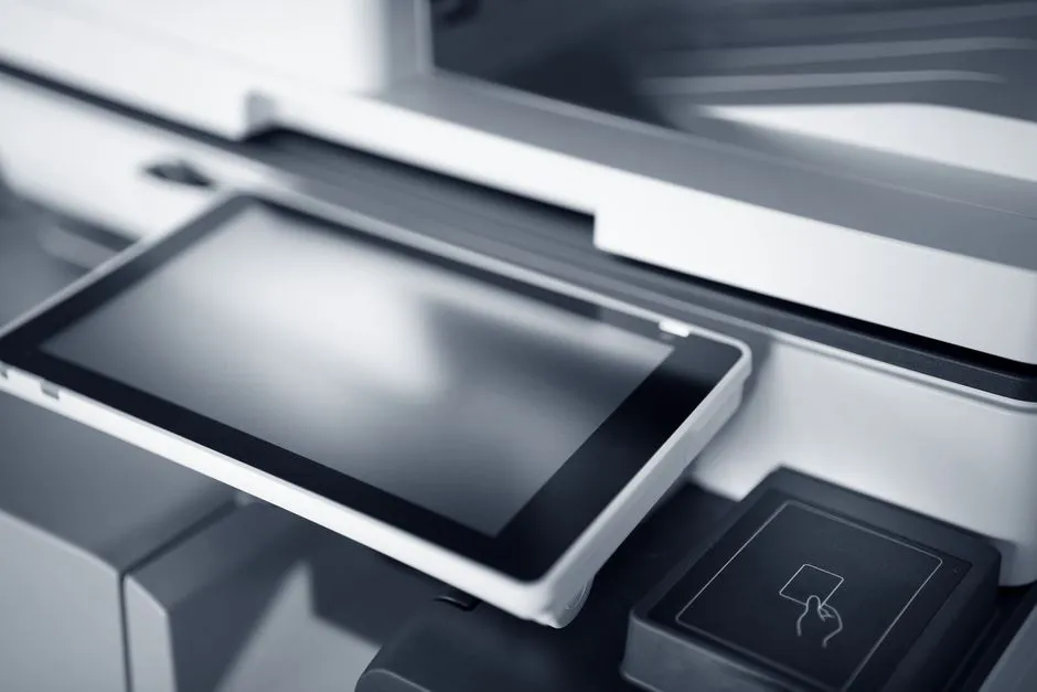 Close-up of a home office printer with a touchscreen control panel, illustrative of the printing process described here.